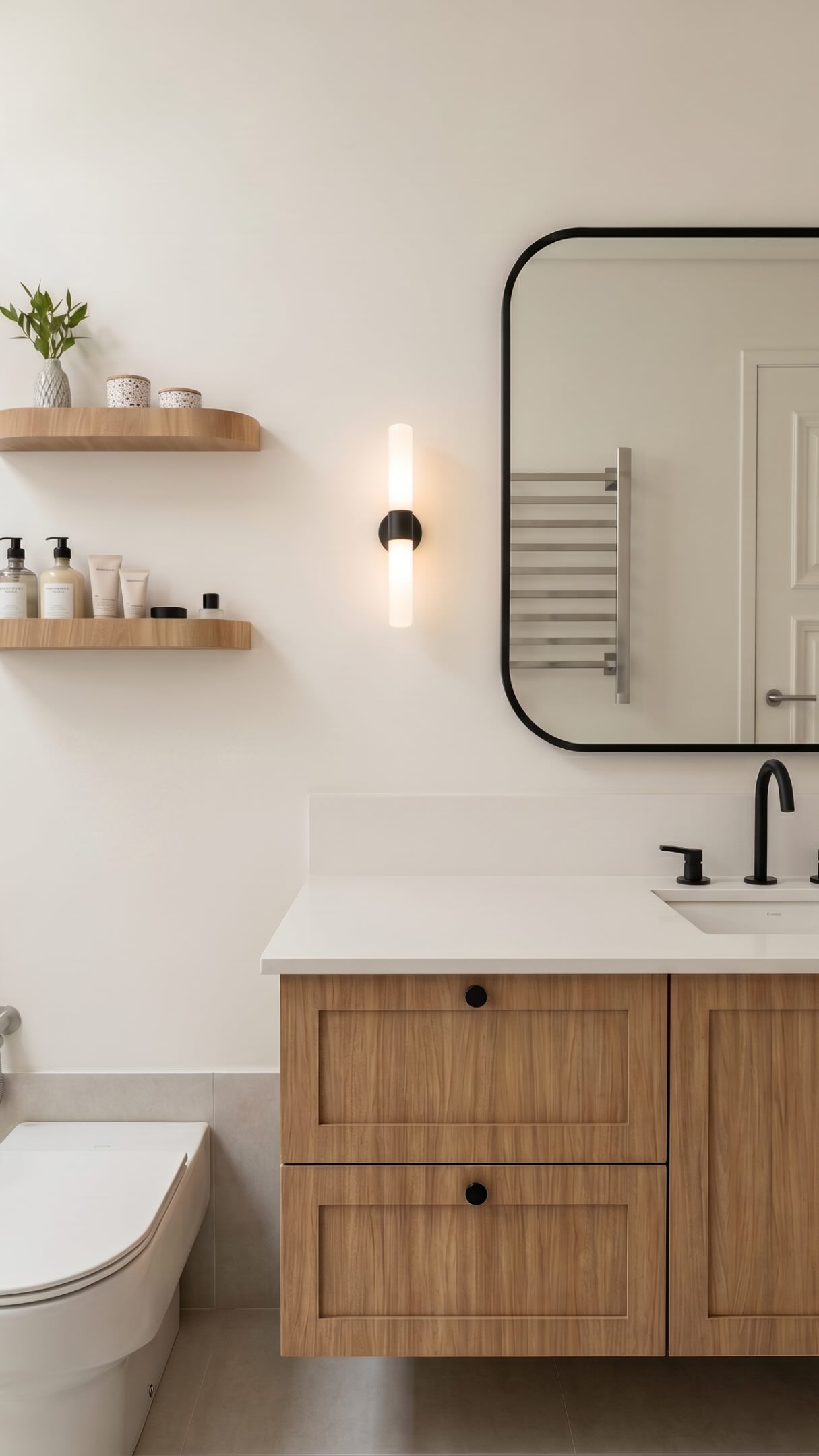 Banheiro minimalista com tons neutros e linhas limpas