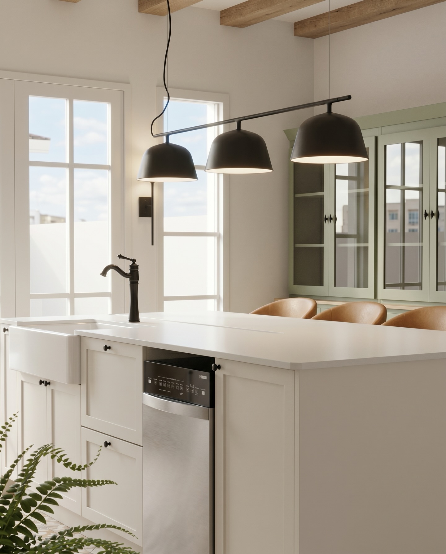 Cozinha com ilha, coifa e iluminação de destaque